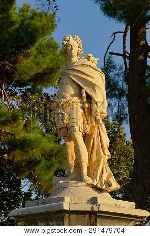 Morning Panoramic View With A Beautiful Statue In The Spianada Square In Corfu Town, Greece