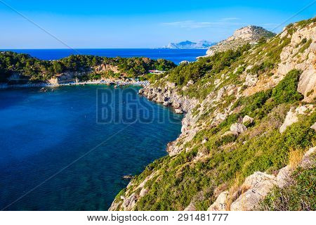 Ladiko Beach And Anthony Quinn Bay Aerial Panoramic View In Rhodes Island In Greece