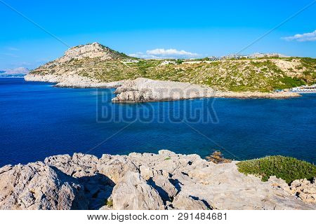 Ladiko Beach And Anthony Quinn Bay Aerial Panoramic View In Rhodes Island In Greece