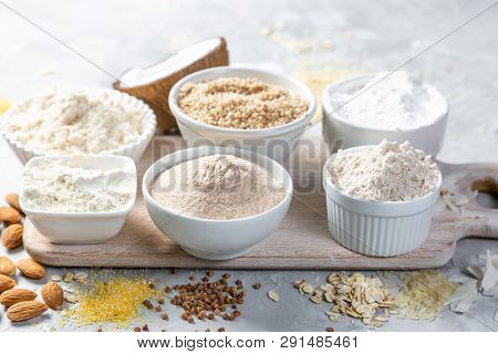 Gluten Free Concept - Selection Of Alternative Flours And Ingredients, Copy Space
