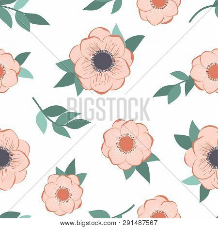 Floral Pattern With Nemone Ranunculus Peony Flowers And Green Leaves On The White Background.trendy 