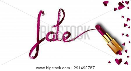 Realistic Lipstick Love Sale Vector Design. Woman Decoration Elegant Fashion Store. Online Ladies Sh