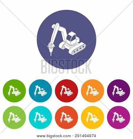 Drill Tractor Icons Color Set For Any Web Design On White Background