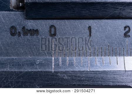 Vintage Steel Caliper Tool Closeup. Scale In Focus. Tool In Very Good Condition. Scale In Metric Uni