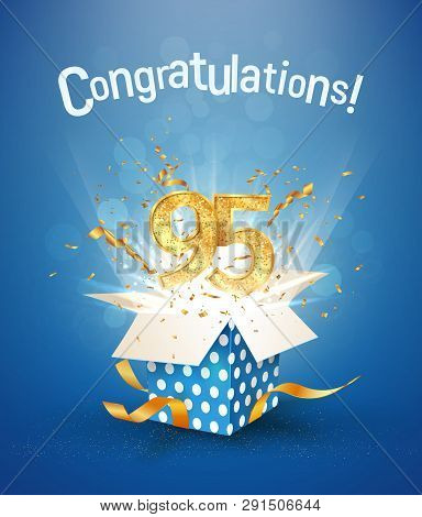 95 Th Years Anniversary And Open Gift Box With Explosions Confetti. Isolated Design Element. Templat