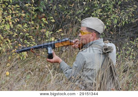 KIEV, UKRAINE - SEPT 19, : Member of a history club wear historical Soviet  uniforms as he participates in a WWII reenactment.Buttle for Kiev in 1943. September 19 , 2009 in Kiev, Ukraine