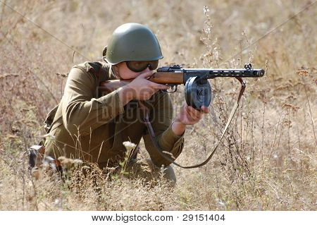 KIEV, UKRAINE - SEPT 19, : Member of a history club wear historical Soviet  uniforms as he participates in a WWII reenactment.Buttle for Kiev in 1943. September 19 , 2009 in Kiev, Ukraine