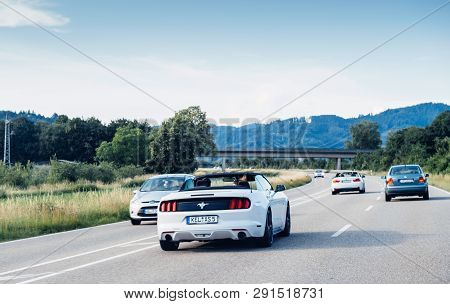 Schiltach, Germany - Jun 10, 2018: German Highway With White Luxury Mustang Convertible Cabriolet Ca