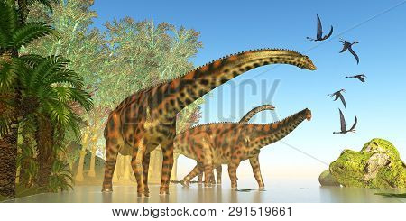 Spinophorosaurus Dinosaur Marsh 3d Illustration - Dorygnathus Reptile Birds Fly Close To A Spinophor