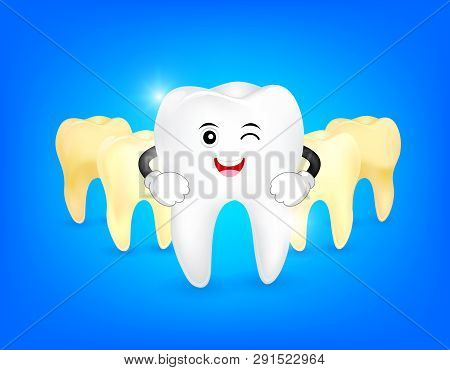 Cute Cartoon Tooth Character Whitening. Step Of Yellow To White. Dental Care Concept, Illustration I