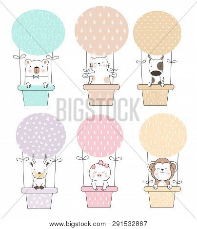 Cute Baby Animal Cartoon With Balloon Cartoon Hand Drawn Style,for Printing,card, T Shirt,banner,pro