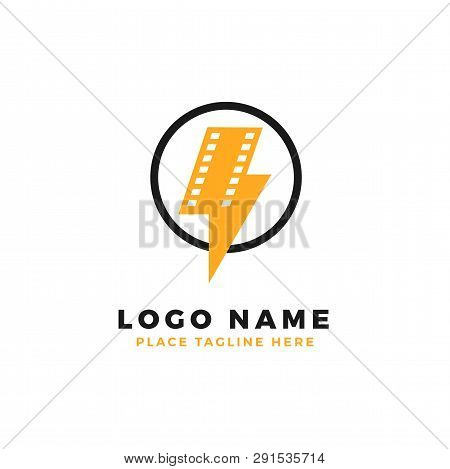 Lightning Film Strip With Circle Ring Logo Brand. Thunderbolt Movie Illustration.