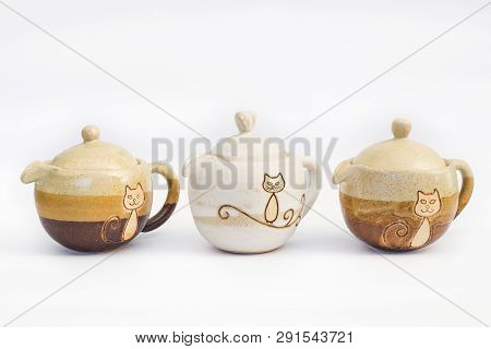 Three Ceramic Teapots Stoneware With White Background