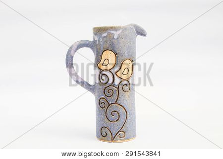 Ceramic Stoneware Jug With Yellow Birds And White Background