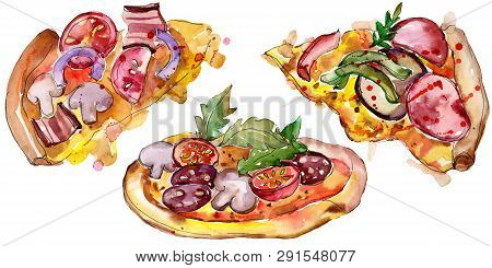 Fast Food Itallian Pizza In A Watercolor Style Set. Aquarelle Food Illustration For Background. Isol