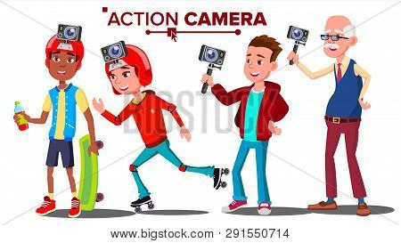 People With Action Camera Set . Self Video, Portrait. Shooting Process. Active Type Of Rest. Isolate
