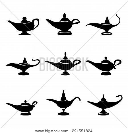 Aladdin Lamp . Set Icons Aladdins Lamp Signs. Illustration Of Wish And Mystery Souvenir