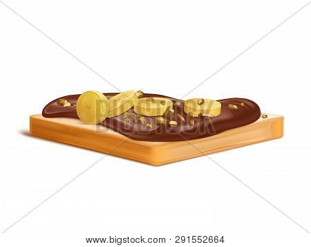 Slice Of Wheat Bread With Peanut Butter, Chocolate Cream Or Nougat Spread Realistic With Banana Slic