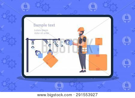 Warehouse Worker In Uniform Arranging Cardboard Boxes With Robot Arms Automated Robotic Production L