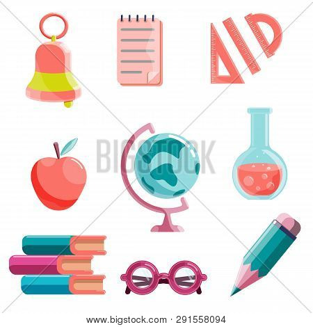 Set Of School Supplies Icon. Vector Illustrations In Modern Flat Style Isolated On White Background