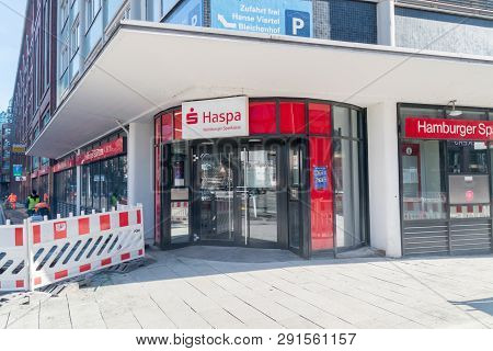 Hamburg, Germany - February 15, 2019: Entrance To Haspa Hamburger Sparkasse. Hamburger Sparkasse Ag 