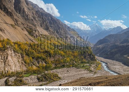 Landscape View Of Mountains And Hunza River In Autumn. View From Karakoram Highway, Gilgit Baltistan