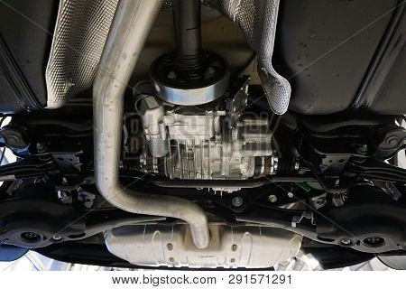 Technical Photo. The Structure Of The Modern Car. The Bottom Of The Car, Protective Covers, Noise In