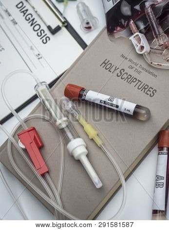 Bible Of The Witness Of Jehova, Concept Of Denial Of Blood Transfusions, Conceptual Image, Vertical 