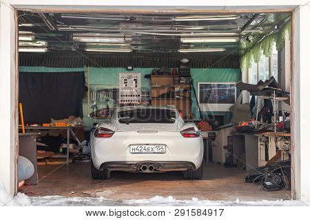 Novosibirsk, Russia - 08.01.18: Rear View Of Luxury Very Expensive New White Porsche Cayman Coupe Sp