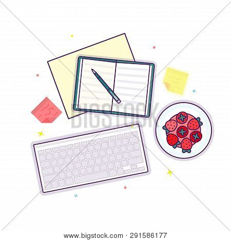 Flat Lay With Open Book, Strawberry, Keyboard And Stickers