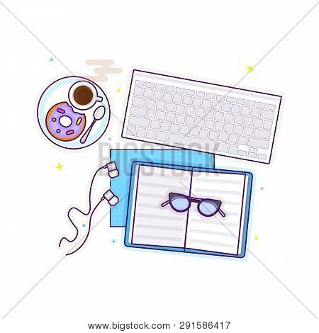 Flat Lay With Glasses, Laptop, Open Book, Headphones, A Donut And Coffee