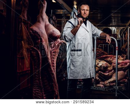 The Butcher In A White Work Shirt Holding Ax While Standing In A Refrigerated Warehouse In The Midst
