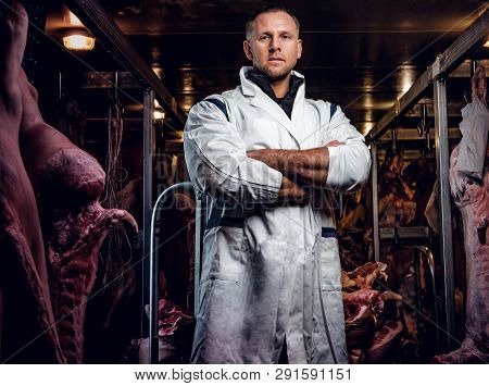 The Butcher In Workwear With His Arms Crossed In A Refrigerated Warehouse In The Midst Of Meat Carca
