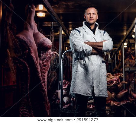 The Butcher In Workwear With His Arms Crossed In A Refrigerated Warehouse In The Midst Of Meat Carca