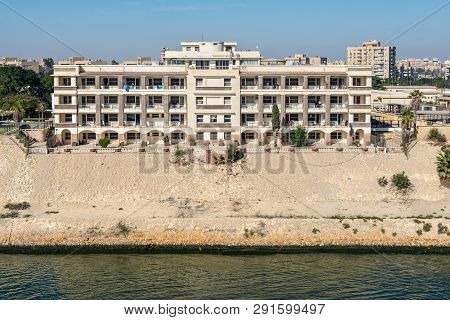 Ismailia, Egypt - November 5, 2017: Building On The Banks Of The Suez Canal In The City Of Ismailia,