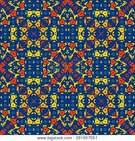 Moroccan Tile - Seamless Pattern. Bright Colored Onament On Blue Background. For Printing On Wallpap