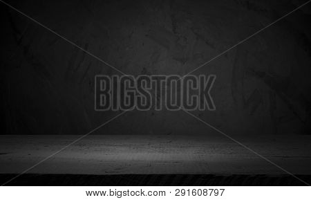 Old Wood Table Top With Smoke In The Dark Background.