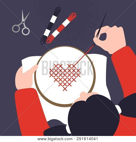 Top View Of A Table With Cross Stitching Hands. Illustration Of Sewing Workshop. Creative Craftwork 