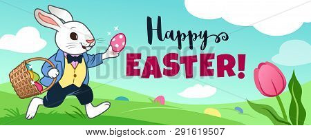 Easter Bunny Rabbit Running In Field, Carrying Basket Full Of Candy Eggs, Eggs Hidden In Grass, Blue