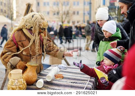 Vilnius, Lithuania - February 25, 2017: Hundreds Of People Celebrating Uzgavenes, A Lithuanian Annua