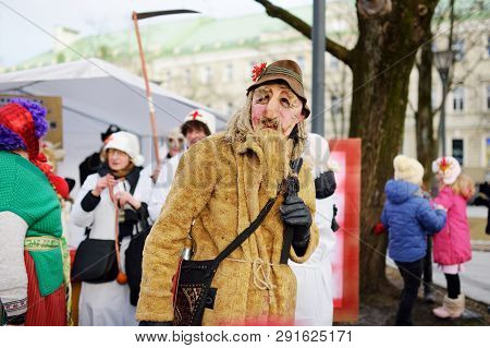 Vilnius, Lithuania - February 25, 2017: Hundreds Of People Celebrating Uzgavenes, A Lithuanian Annua