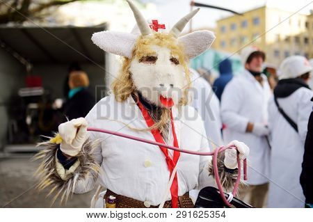Vilnius, Lithuania - February 25, 2017: Hundreds Of People Celebrating Uzgavenes, A Lithuanian Annua
