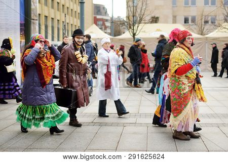 Vilnius, Lithuania - February 25, 2017: Hundreds Of People Celebrating Uzgavenes, A Lithuanian Annua