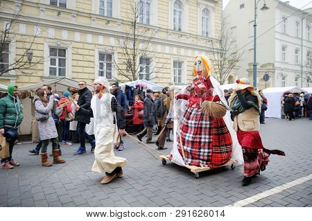Vilnius, Lithuania - February 25, 2017: Hundreds Of People Celebrating Uzgavenes, A Lithuanian Annua