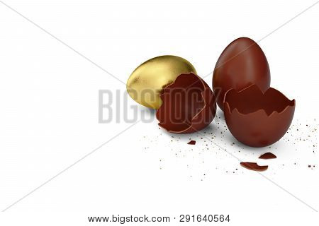 Gold Luxury Egg And Chocolate Easter Egg. Broken, Cracked Chocolate Egg. Sweet Chocolate Eggs, Holid