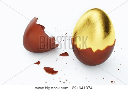Gold Luxury Egg And Chocolate Easter Egg. Broken, Cracked Chocolate Egg. Sweet Chocolate Eggs, Holid