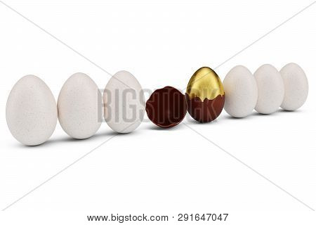 Exclusive Golden Luxury Egg Covered With Chocolate In Row With White Eggs. Easter Egg. Cracked Choco