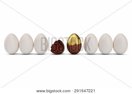 Exclusive Golden Luxury Egg Covered With Chocolate In Row With White Eggs. Easter Egg. Cracked Choco