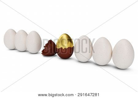 Exclusive Golden Luxury Egg Covered With Chocolate In Row With White Eggs. Easter Egg. Cracked Choco
