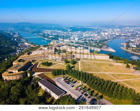 Ehrenbreitstein Fortress Aerial Panoramic View In Koblenz. Koblenz Is City On Rhine, Joined By Mosel